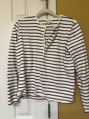 J. Crew White and Burgundy Striped Long-Sleeve Henley Top